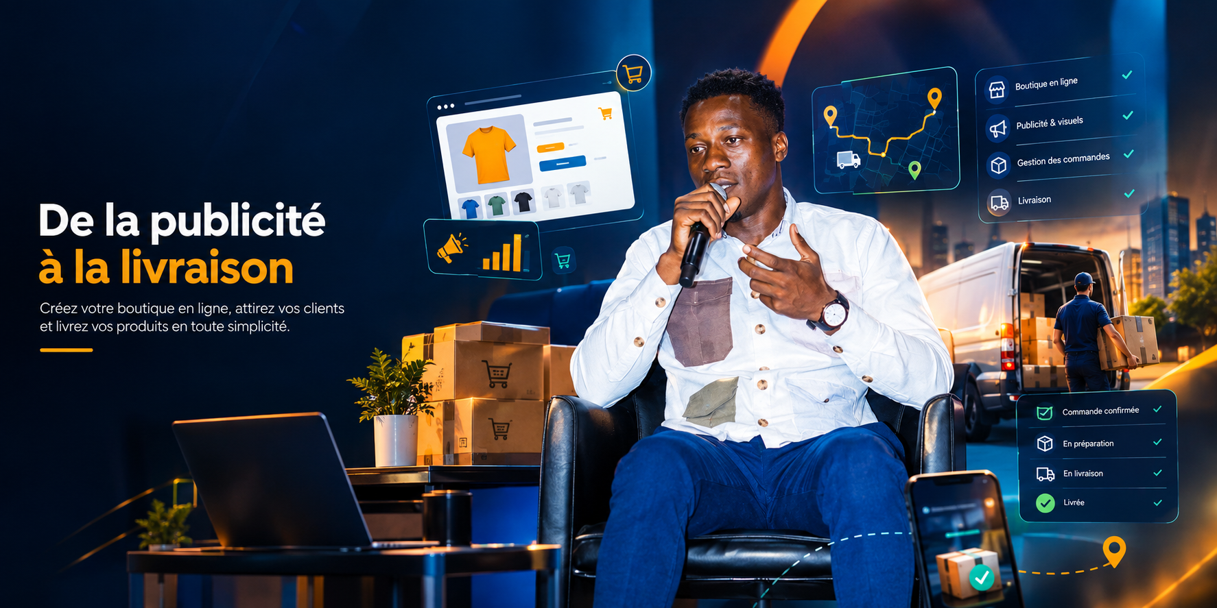 Entrepreneur africain gérant sa boutique en ligne et ses livraisons